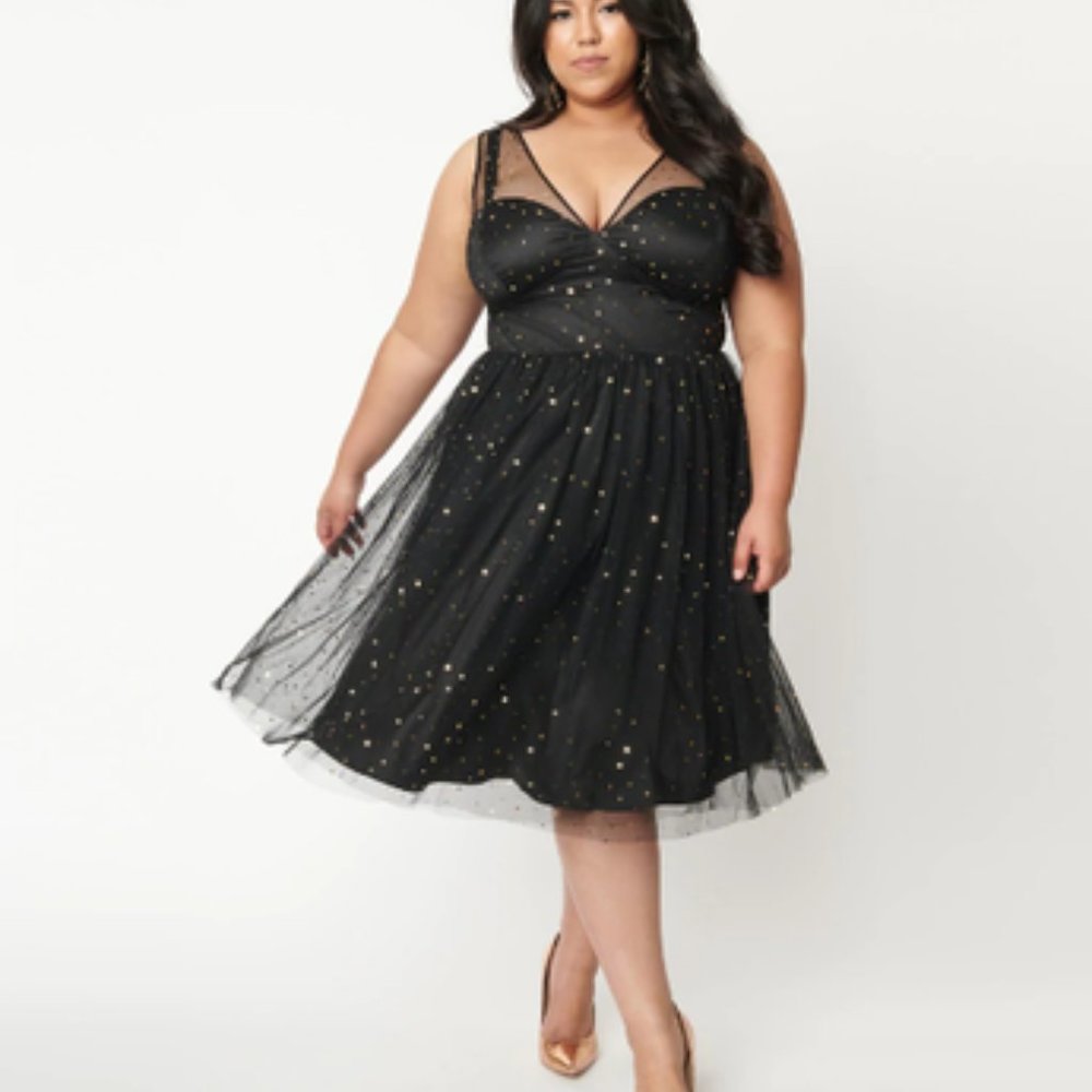 Hell Bunny Plus Size Black & Gold Stars Infinity Swing Dress